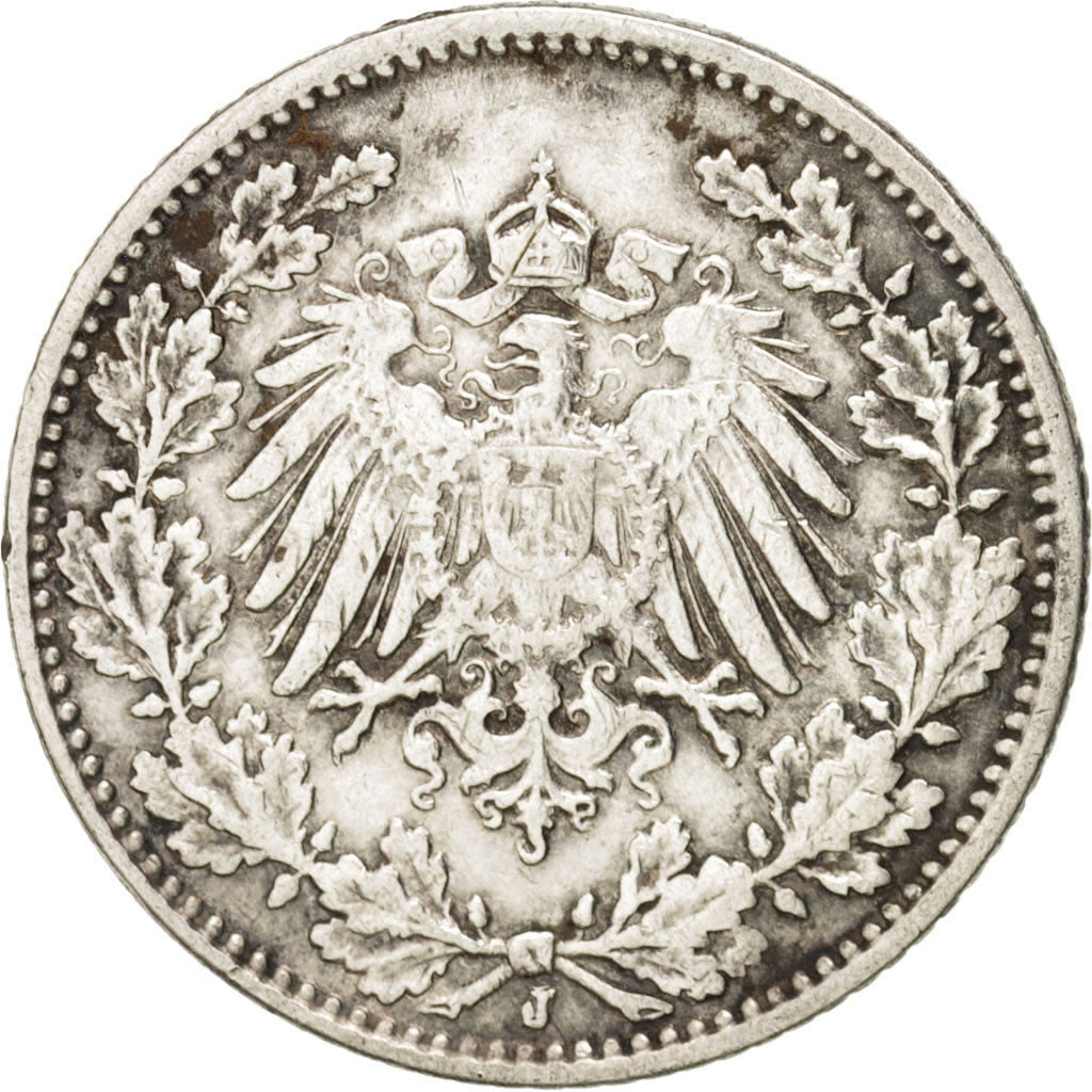 GERMANY - EMPIRE, 1/2 Mark, 1916, Hambourg, KM #17, EF(40-45), Silver, 20, 2.78