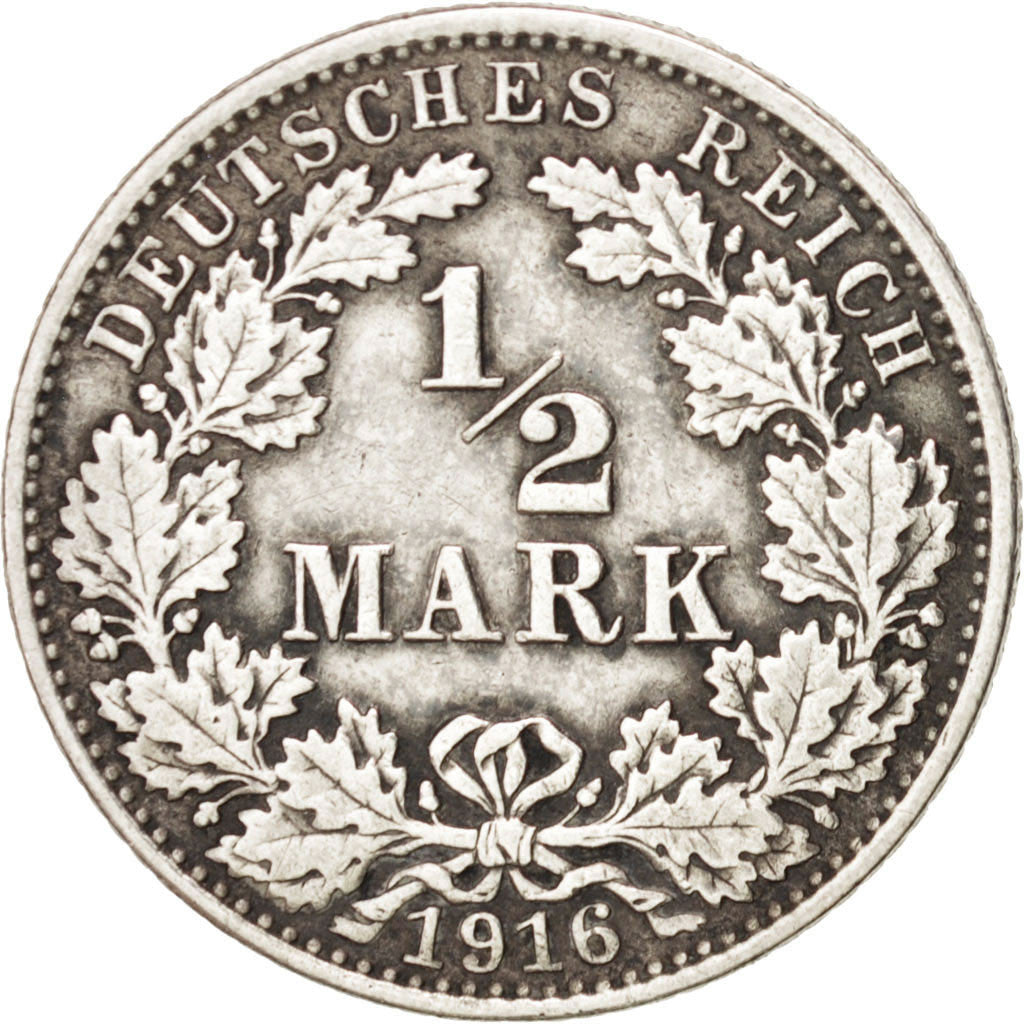 GERMANY - EMPIRE, 1/2 Mark, 1916, Hambourg, KM #17, EF(40-45), Silver, 20, 2.78