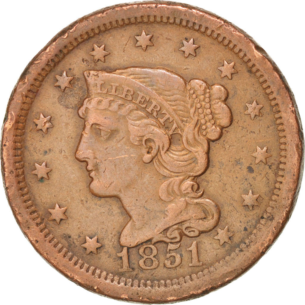 Stati Uniti, Braided Hair Cent, Cent, 1851, U.S. Mint, Philadelphia, BB+, Ram...