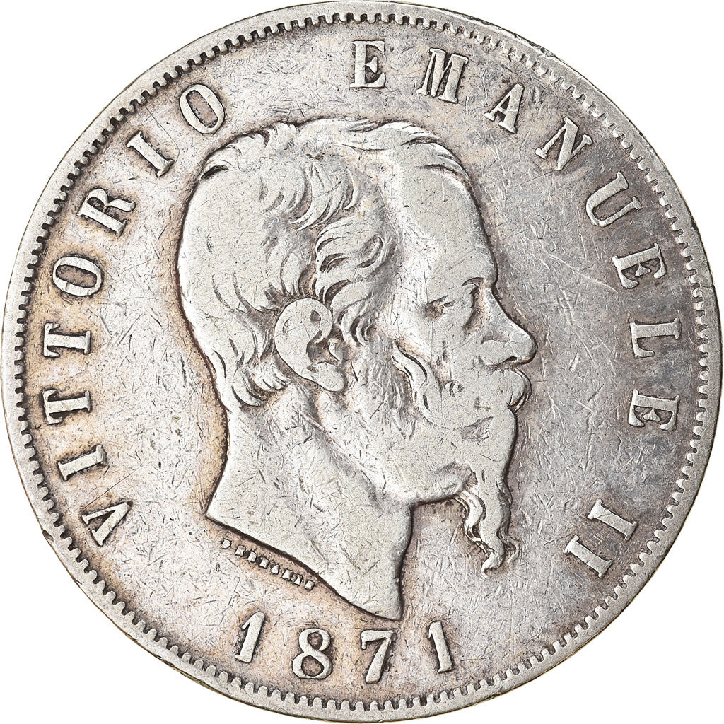 Moneda, Italia, Vittorio Emanuele II, 5 Lire, 1871, Milan, BC+, Plata, KM:8.3