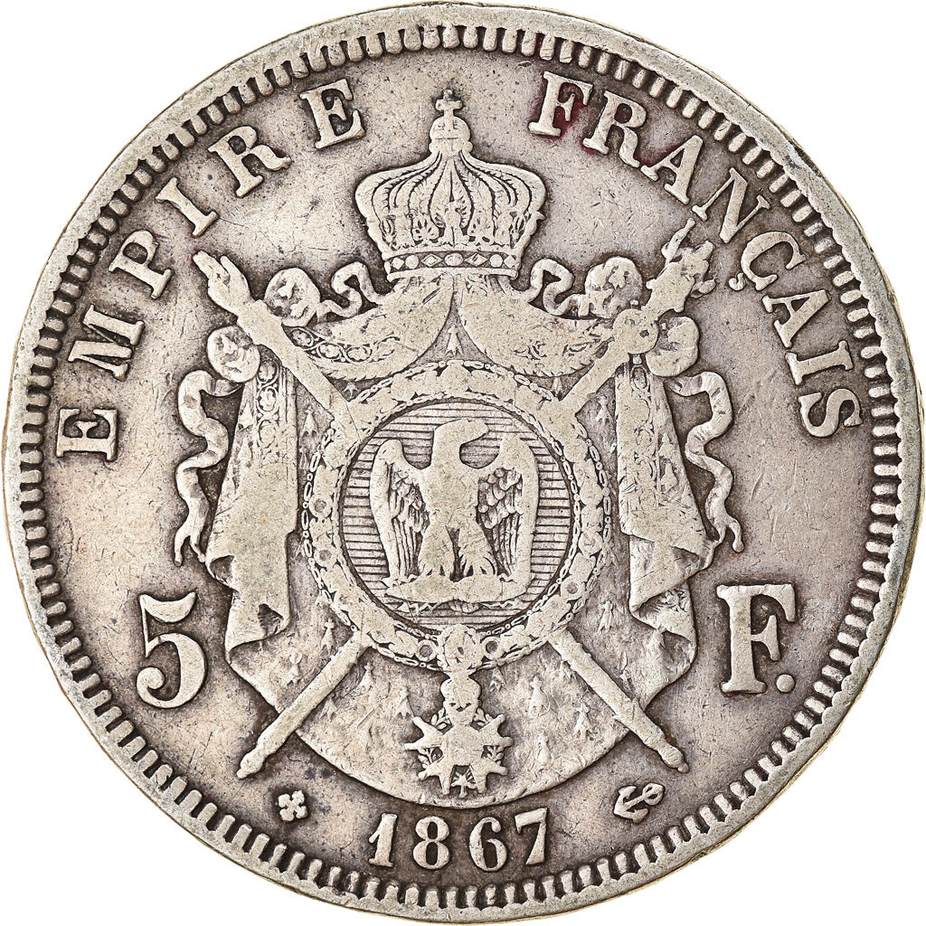 Francia, Napoléon III, 5 Francs, 1867, Strasbourg, MB+, Argento, KM:799.2