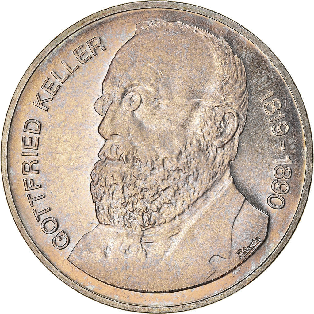 Coin, Switzerland, Gottfried Keller, 5 Francs, 1990, AU(55-58), Copper-nickel