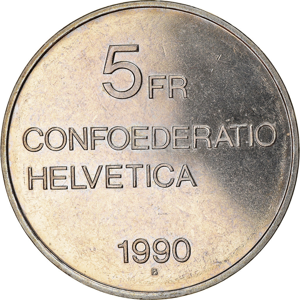 Coin, Switzerland, Gottfried Keller, 5 Francs, 1990, AU(55-58), Copper-nickel
