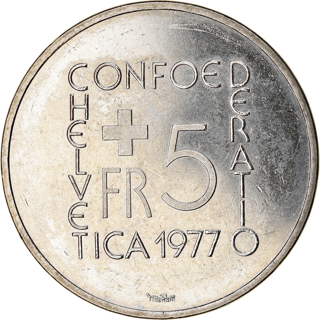 Coin, Switzerland, Johann Pestalozzi, 5 Francs, 1977, MS(63), Copper-nickel