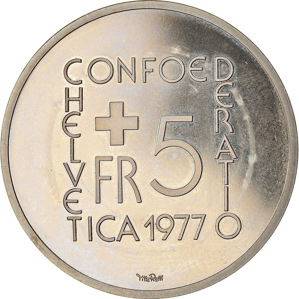 Moneta, Szwajcaria, Johann Pestalozzi, 5 Francs, 1977, MS(63), Miedź-Nikiel