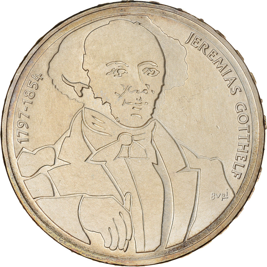 Moeda, Suíça, Jeremias Gotthelf, 20 Francs, 1997, Proof, MS(63), Prata