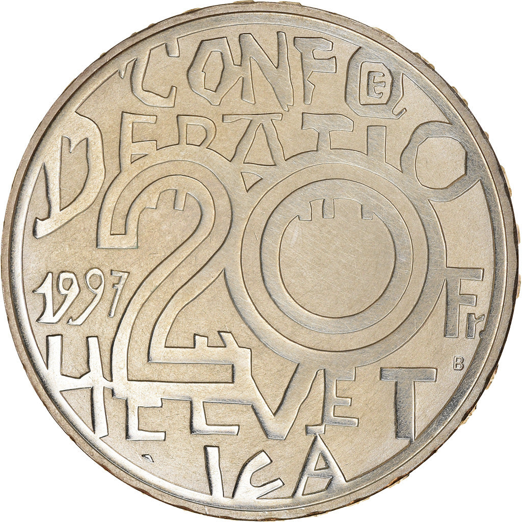 Moeda, Suíça, Jeremias Gotthelf, 20 Francs, 1997, Proof, MS(63), Prata