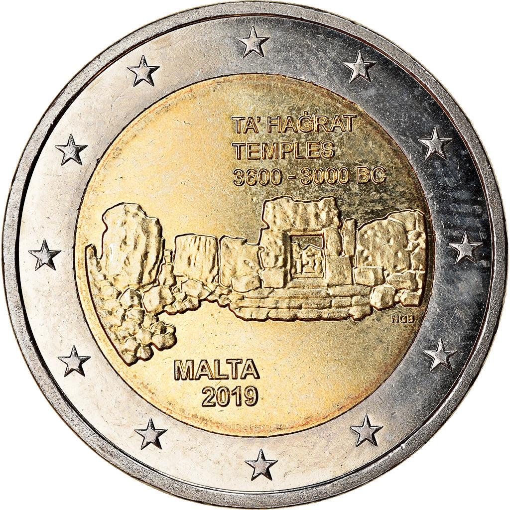 Malta, 2 Euro, Temples, 2019, MS(63), Bi-Metallic