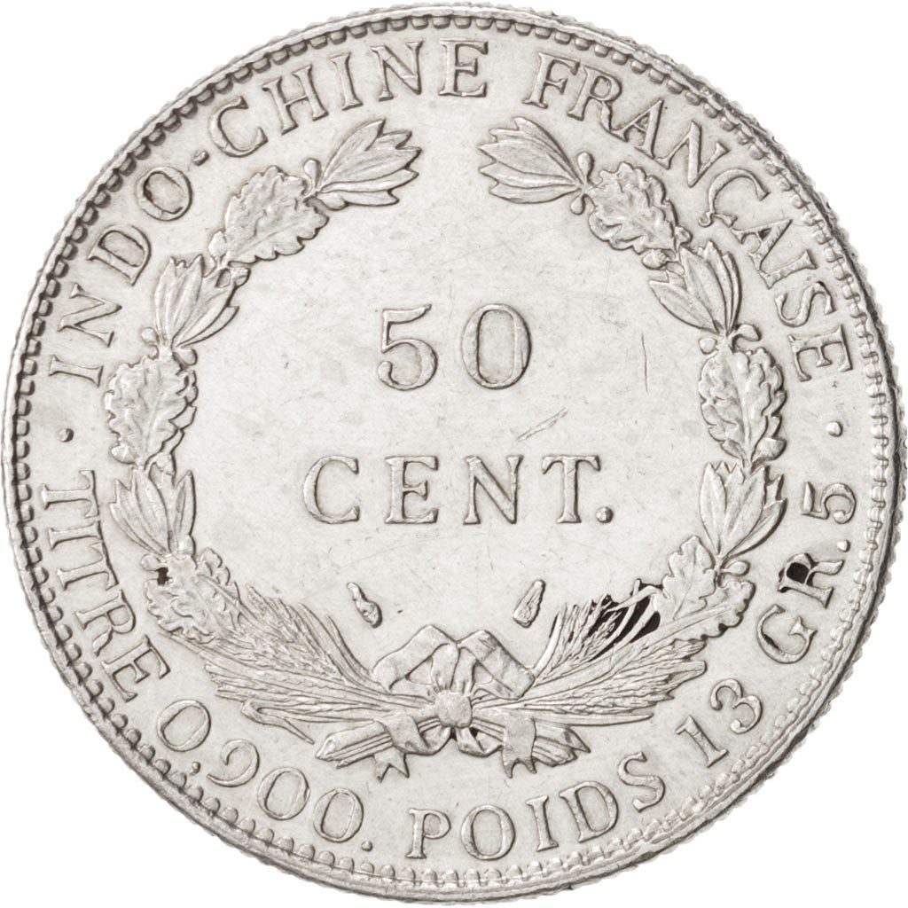 FRENCH INDO-CHINA, 50 Cents, 1936, Paris, KM #4a.2, AU(55-58), Silver, Lecompte.