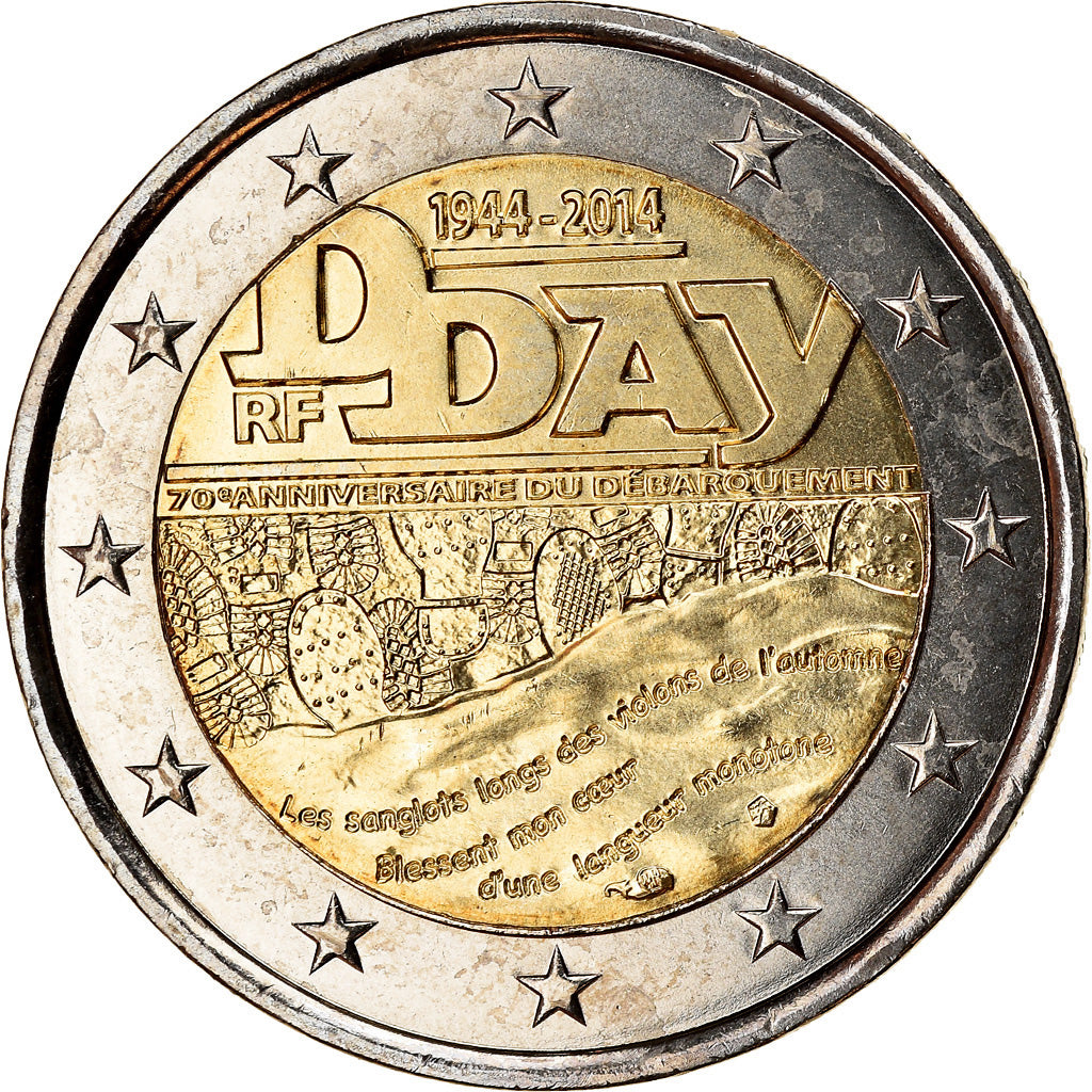 France, 2 Euro, D-Day, 2014, MS(63), Bi-Metallic