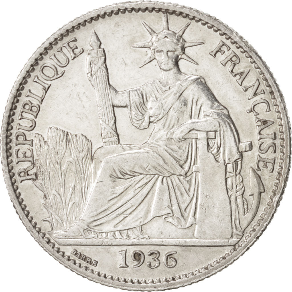 FRENCH INDO-CHINA, 50 Cents, 1936, Paris, KM #4a.2, AU(50-53), Silver, Lecompte.