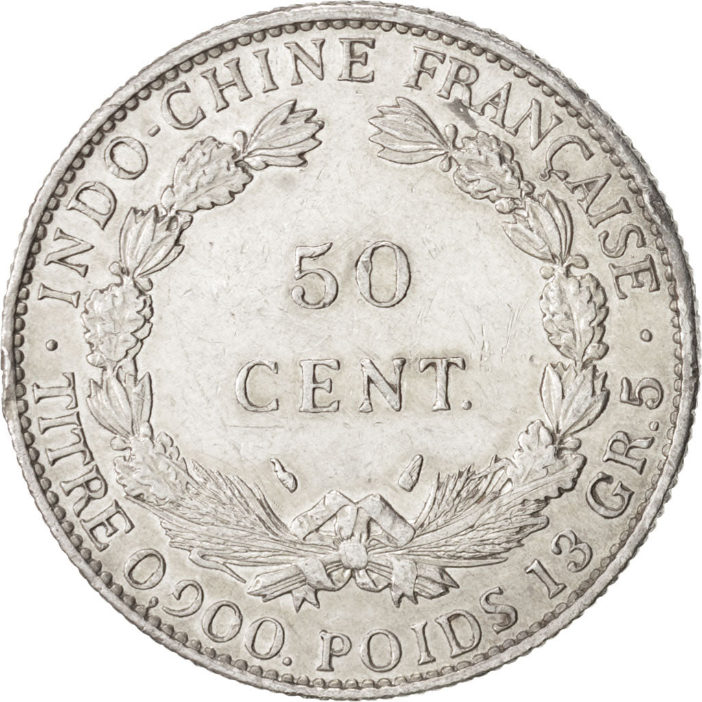 FRENCH INDO-CHINA, 50 Cents, 1936, Paris, KM #4a.2, AU(50-53), Silver, Lecompte.