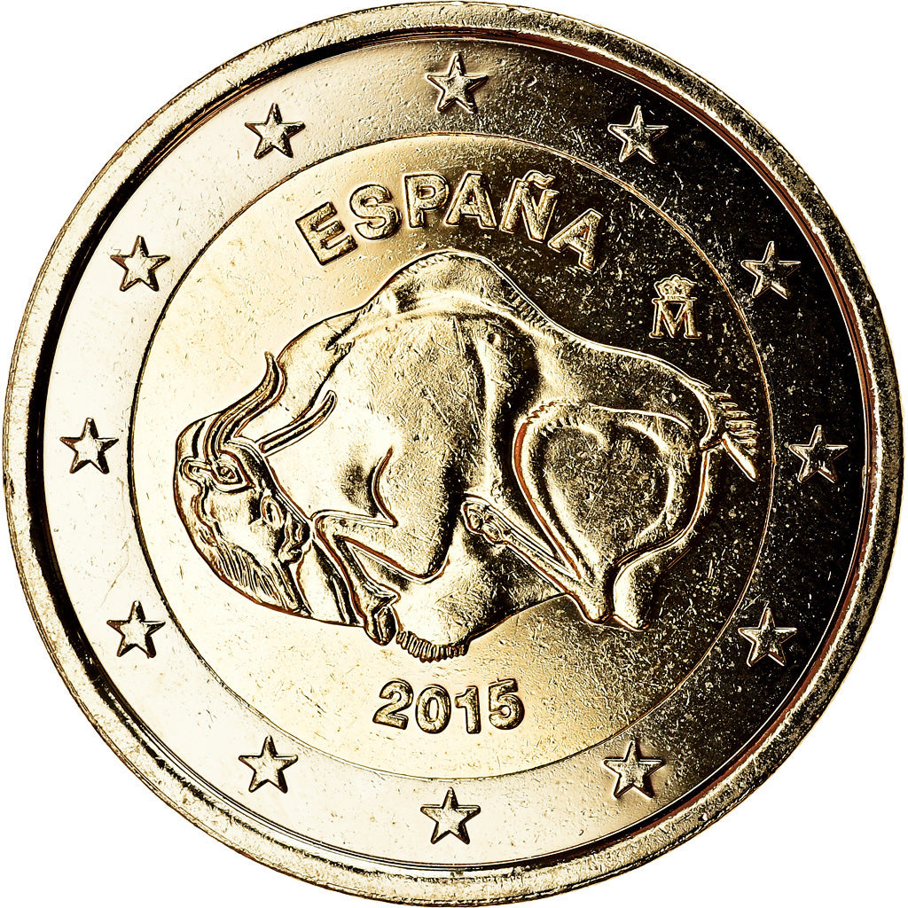 Spain, 2 Euro, Grotte d'Altamira, 2015, gold-plated coin, MS(63), Bi-Metallic