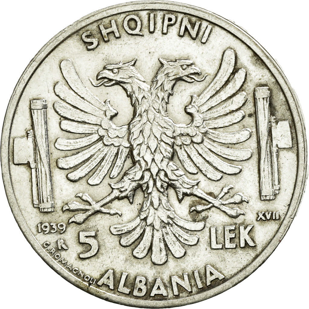 Monnaie, Albania, Vittorio Emanuele III, 5 Lek, 1939, Rome, SUP, Argent, KM:33