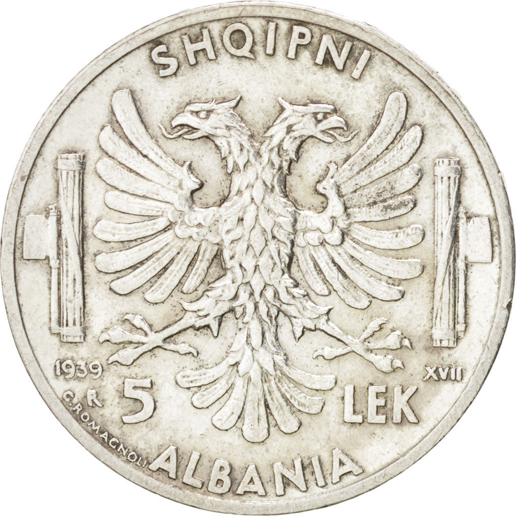 Monnaie, Albania, Vittorio Emanuele III, 5 Lek, 1939, Rome, TTB, Argent, KM:33