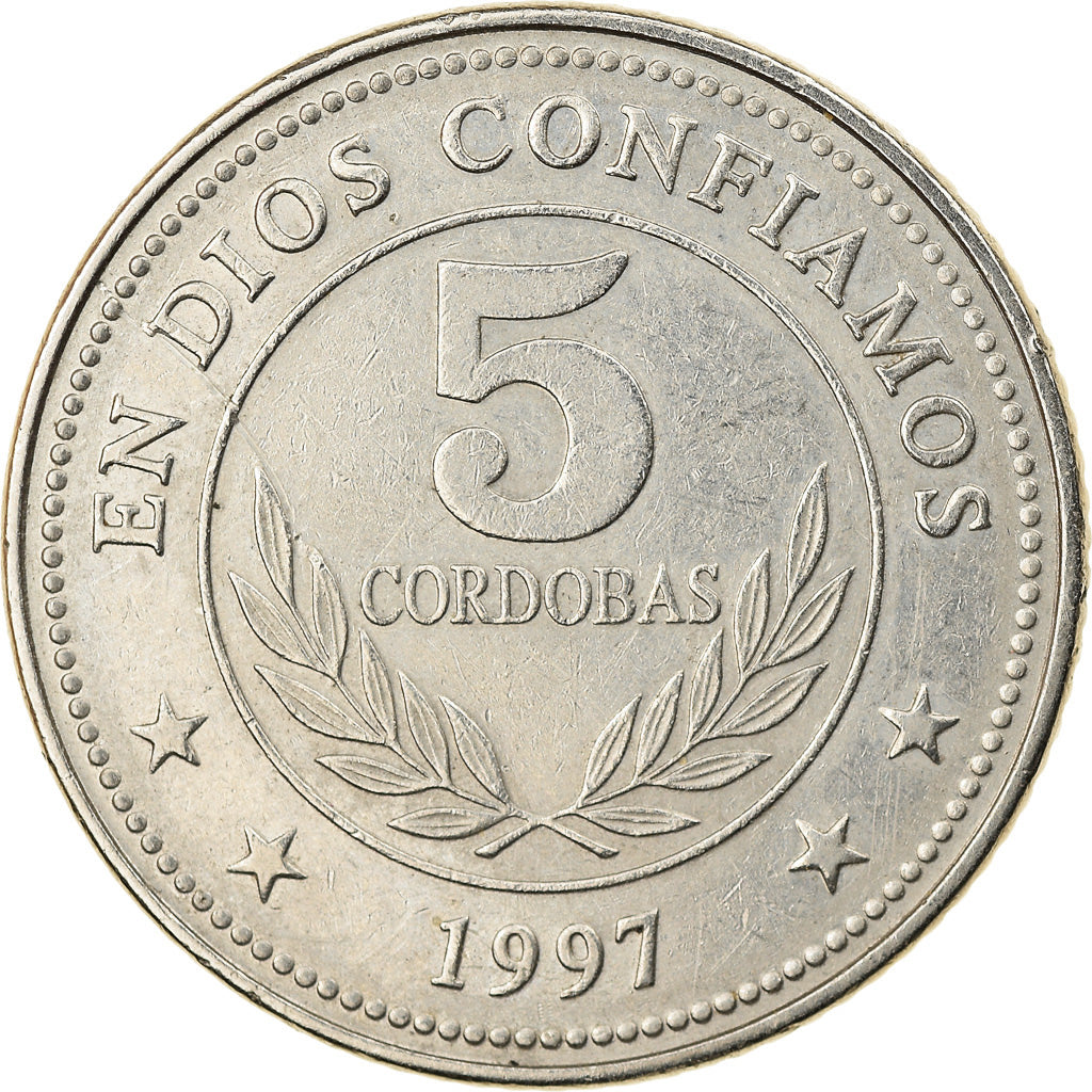 Moneta, Nicaragua, 5 Cordobas, 1997, BB, Acciaio ricoperto in nichel, KM:90