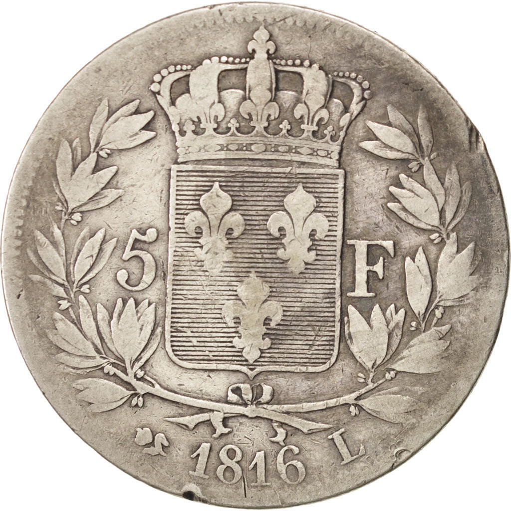 FRANCE Louis XVIII 5 Francs 1816 Bayonne KM:711.8 VF(20-25) Silver Gadoury:614