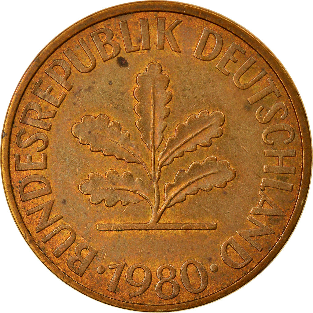 Moneta, Niemcy - RFN, 10 Pfennig, 1980, Hambourg, EF(40-45), Mosiądz powlekany