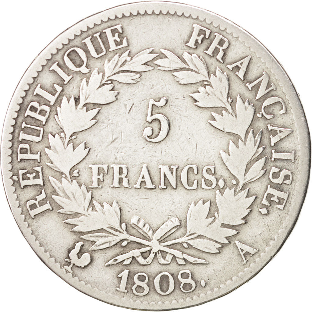FRANCE Napoléon I 5 Francs 1808 Paris KM:686.1 VF(20-25) Silver Gadoury:583