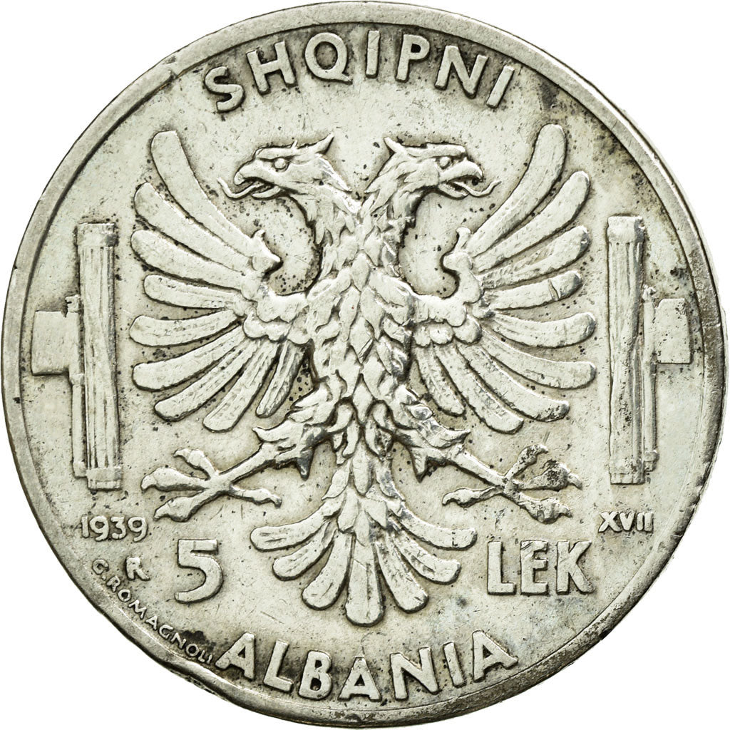 Coin, Albania, Vittorio Emanuele III, 5 Lek, 1939, Rome, AU(50-53), Silver