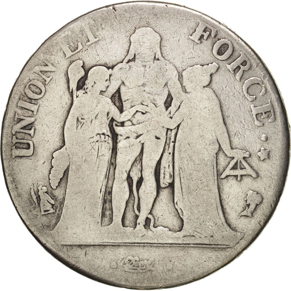 FRANCE, Union et Force, 5 Francs, 1795, Paris, KM:639.1, VF(20-25), Silver, G...