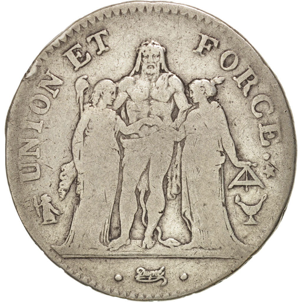 FRANCE, Union et Force, 5 Francs, 1798, Bordeaux, KM:639.5, VF(20-25), Silver...