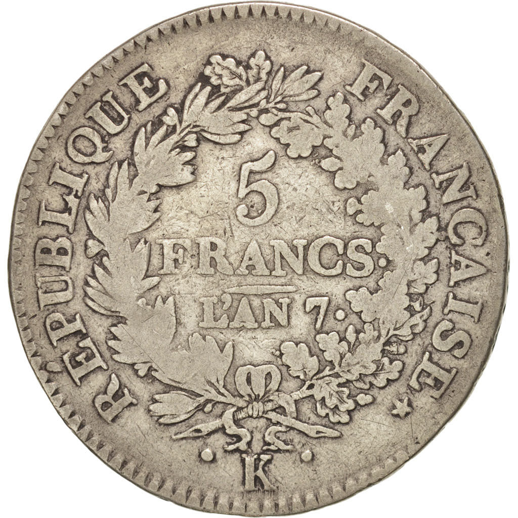 FRANCE, Union et Force, 5 Francs, 1798, Bordeaux, KM:639.5, VF(20-25), Silver...