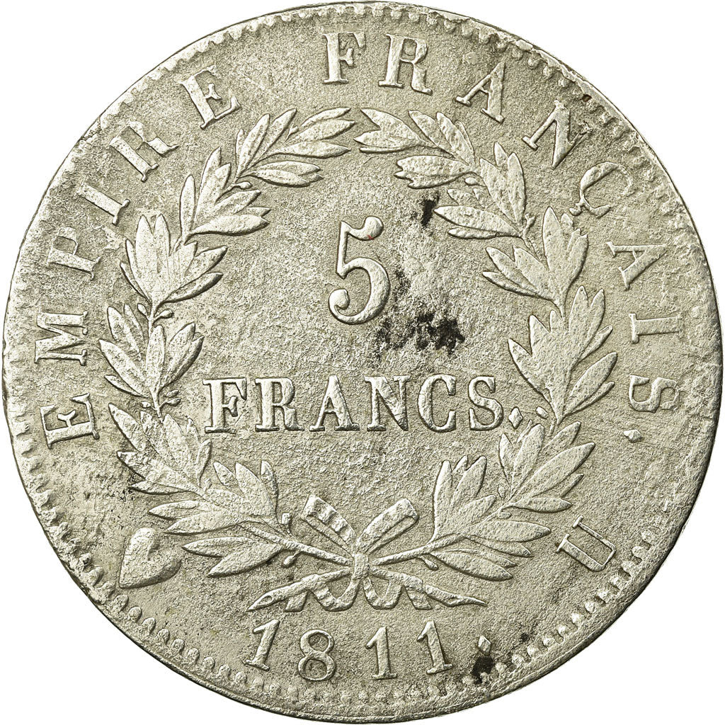 França, Napoleon I, 5 Francs, 1811, Torino, Prata, VF(30-35), Gadoury:584
