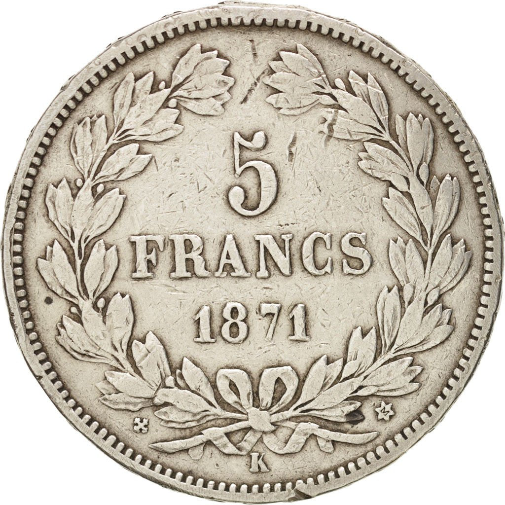 FRANCE, Cérès, 5 Francs, 1871, Bordeaux, KM:818.2, EF(40-45), Silver, Gadou...