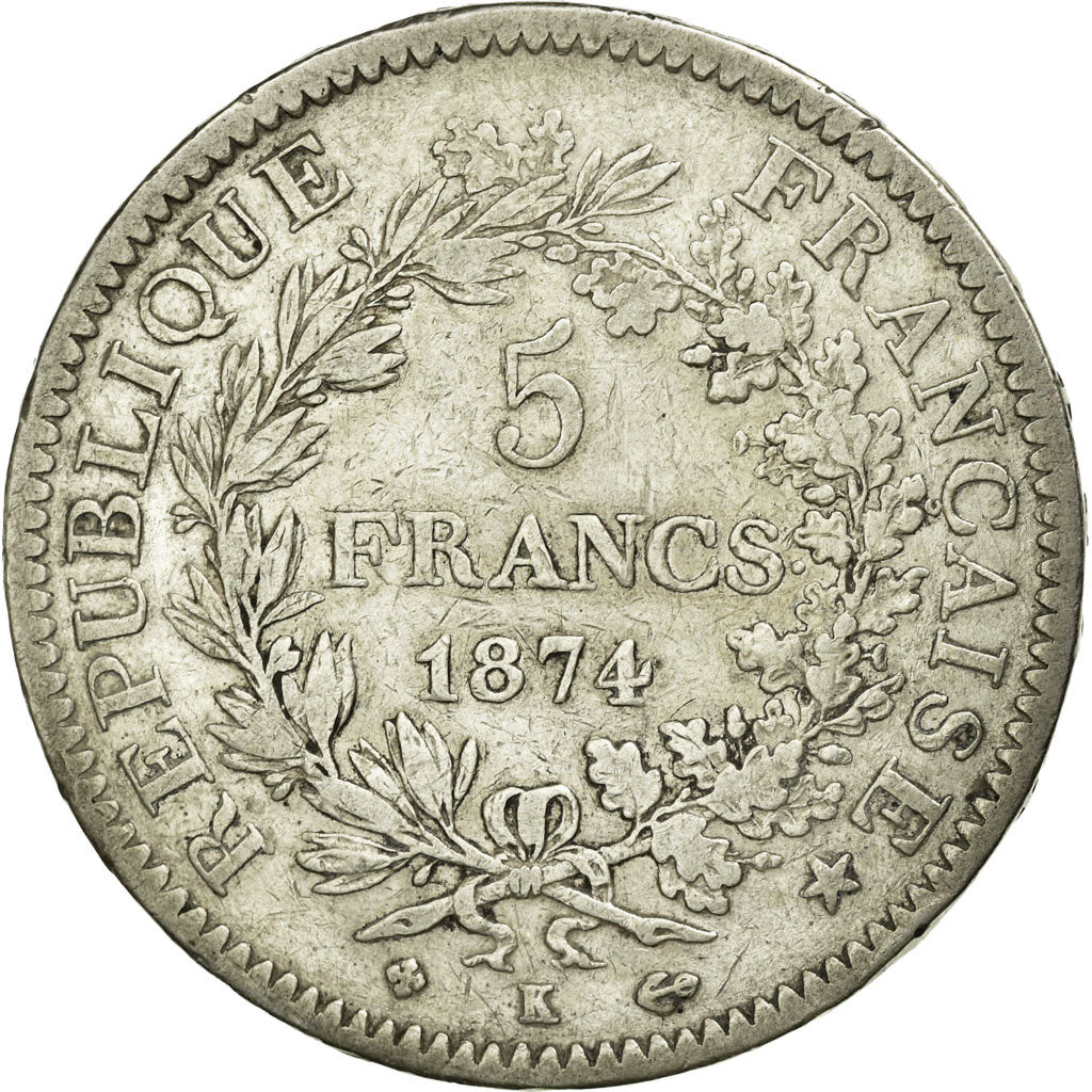 Münze, Frankreich, Hercule, 5 Francs, 1874, Bordeaux, S+, Silber, KM:820.2