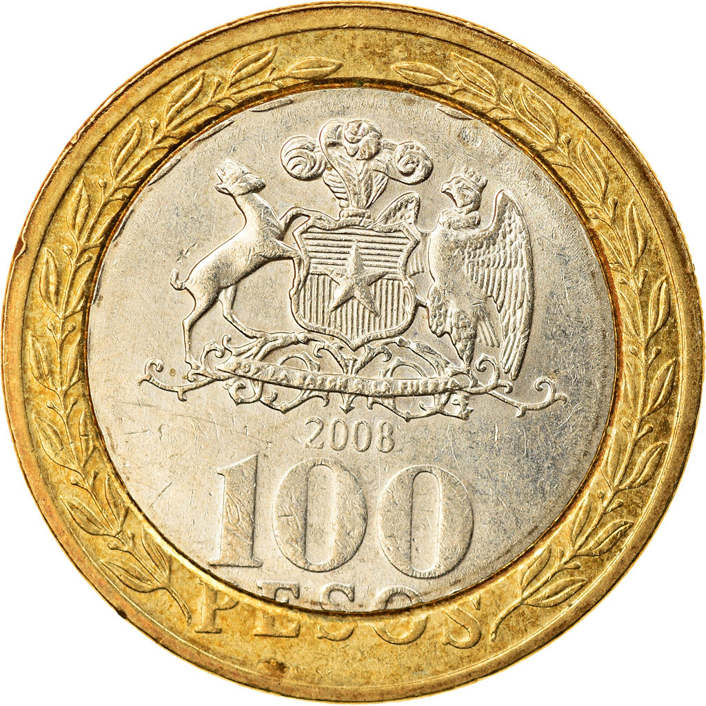 Moneta, Chile, 100 Pesos, 2008, Santiago, AU(55-58), Bimetaliczny, KM:236