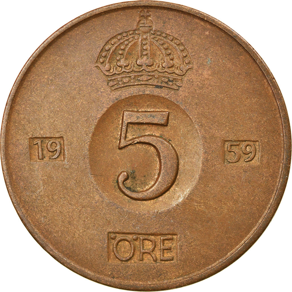 Coin, Sweden, Gustaf VI, 5 Öre, 1959, EF(40-45), Bronze, KM:822