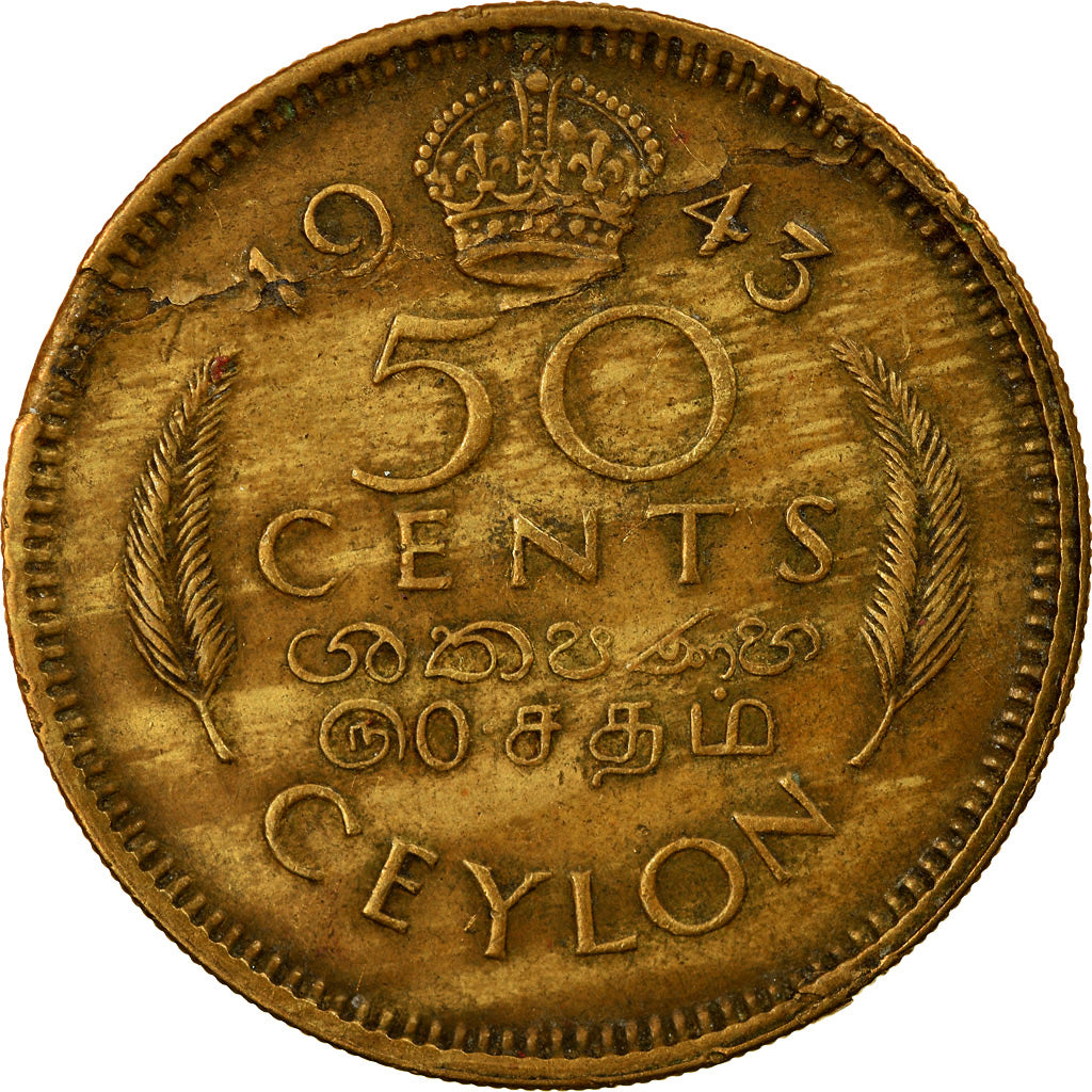 Moneda, Ceilán, George VI, 50 Cents, 1943, MBC, Níquel - latón, KM:116