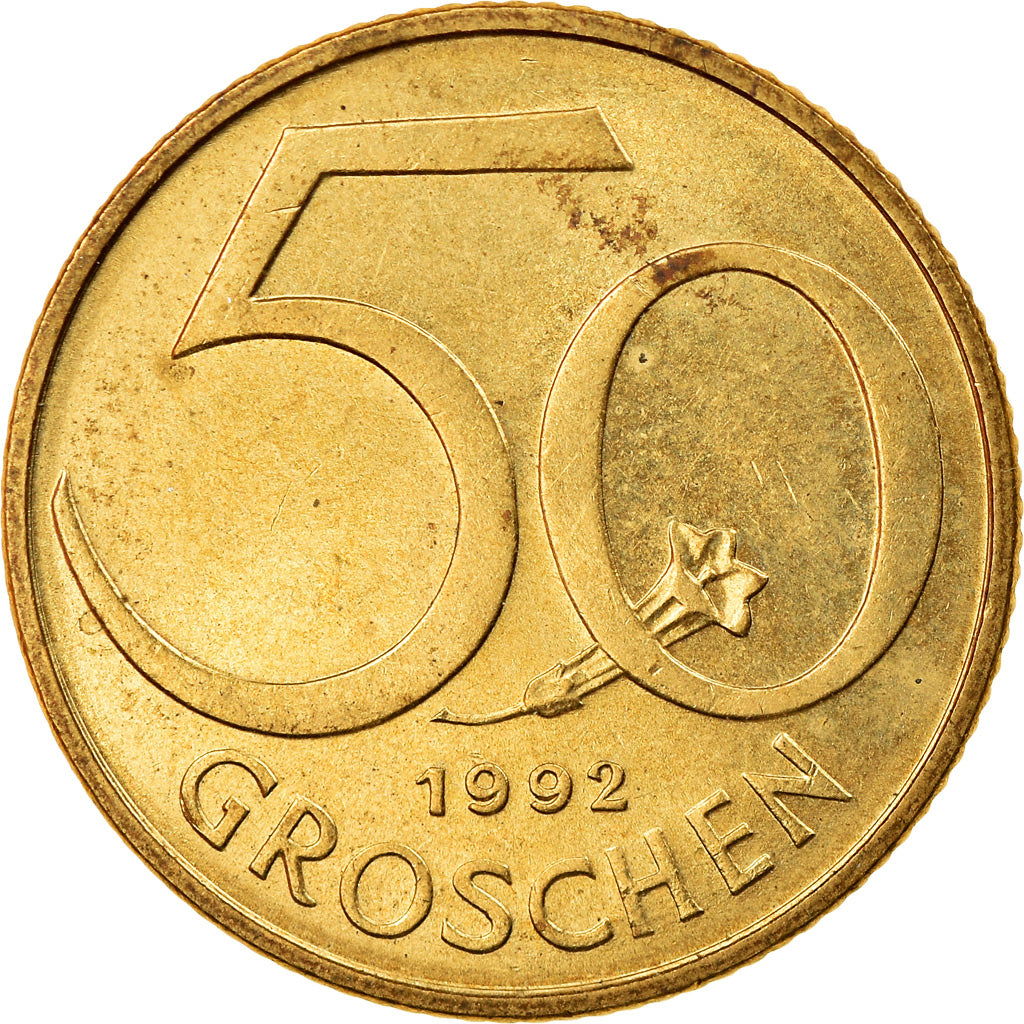 Coin, Austria, 50 Groschen, 1992, EF(40-45), Aluminum-Bronze, KM:2885