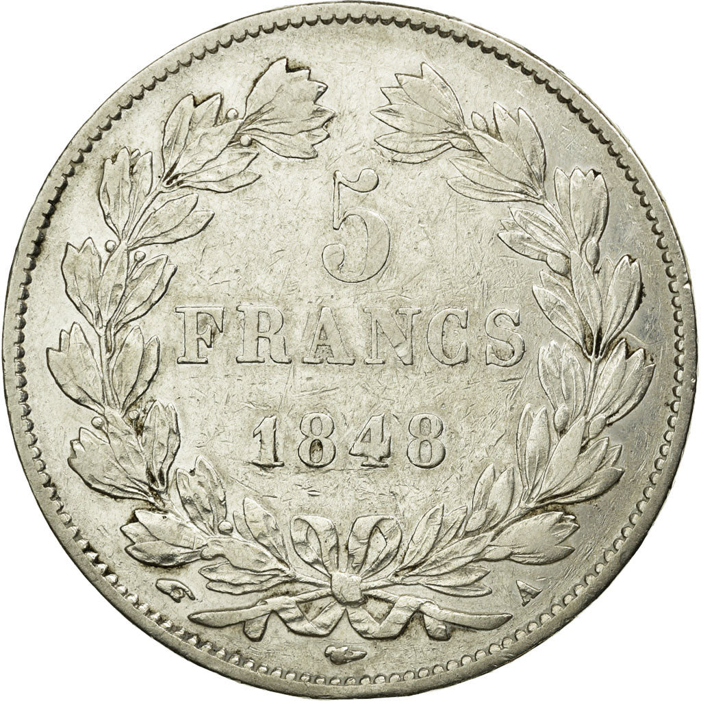 Moneda, Francia, Louis-Philippe, 5 Francs, 1848, Paris, BC+, Plata, KM:749.1
