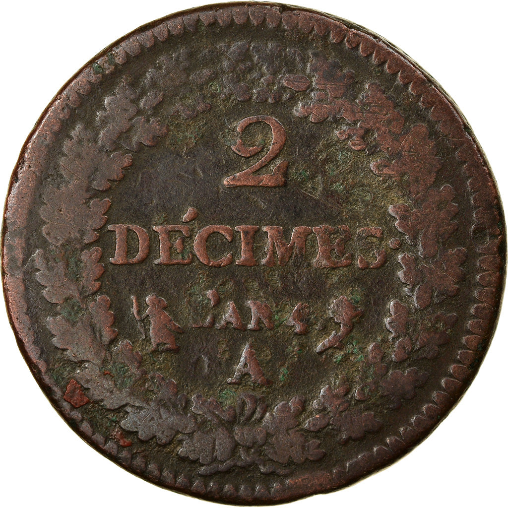 Coin, France, Dupré, 2 Décimes, AN 4, Paris, VF(20-25), Bronze, KM:638.1