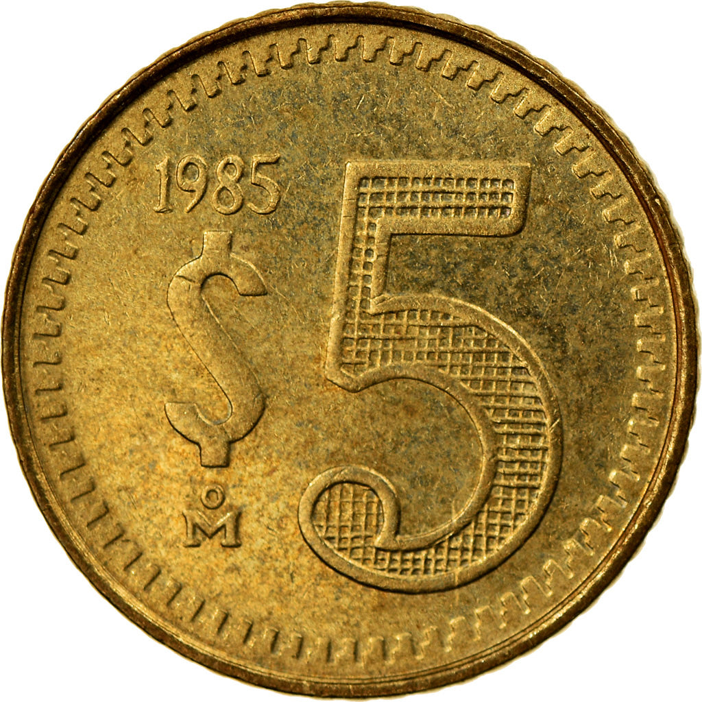 Moneta, Mexico, 5 Pesos, 1985, Mexico City, AU(55-58), Mosiądz, KM:502