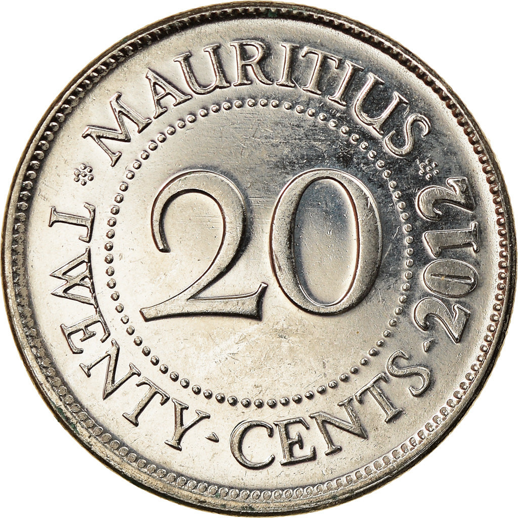 Moeda, Maurícia, 20 Cents, 2012, AU(55-58), Aço Niquelado, KM:53