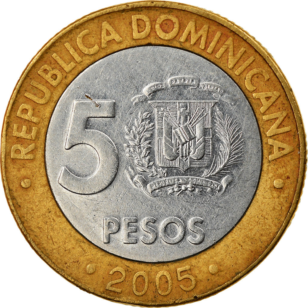 Münze, Dominican Republic, 5 Pesos, 2005, SS, Bi-Metallic, KM:89