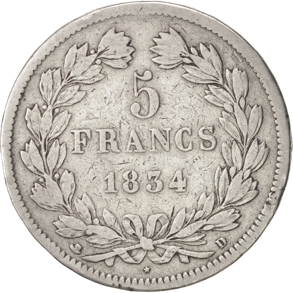 France, Louis-Philippe, 5 Francs, 1834, Lyon, VF(20-25), Silver, KM:749.4, Ga...