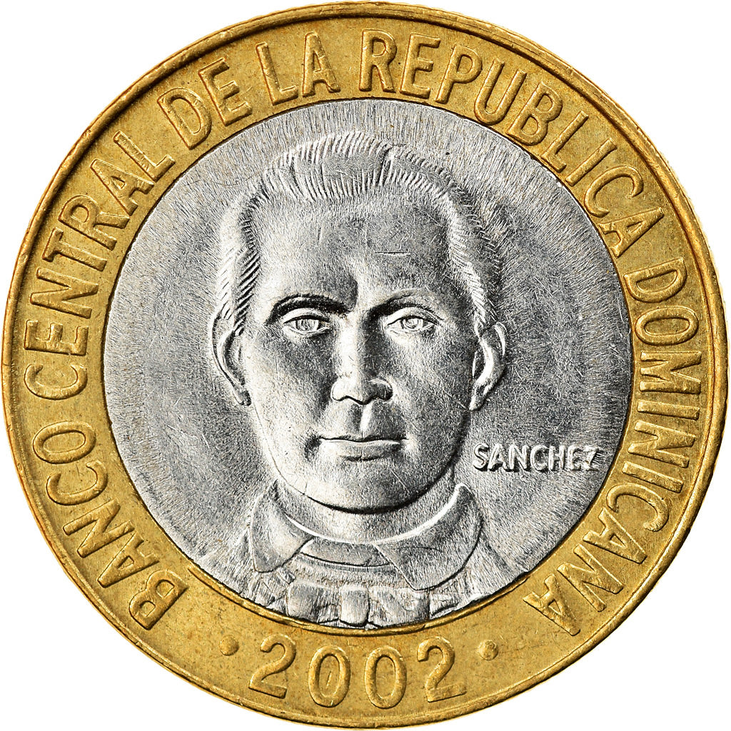 Moeda, República Dominicana, 5 Pesos, 2002, AU(55-58), Bimetálico, KM:89