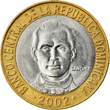 Moeda, República Dominicana, 5 Pesos, 2002, AU(55-58), Bimetálico, KM:89