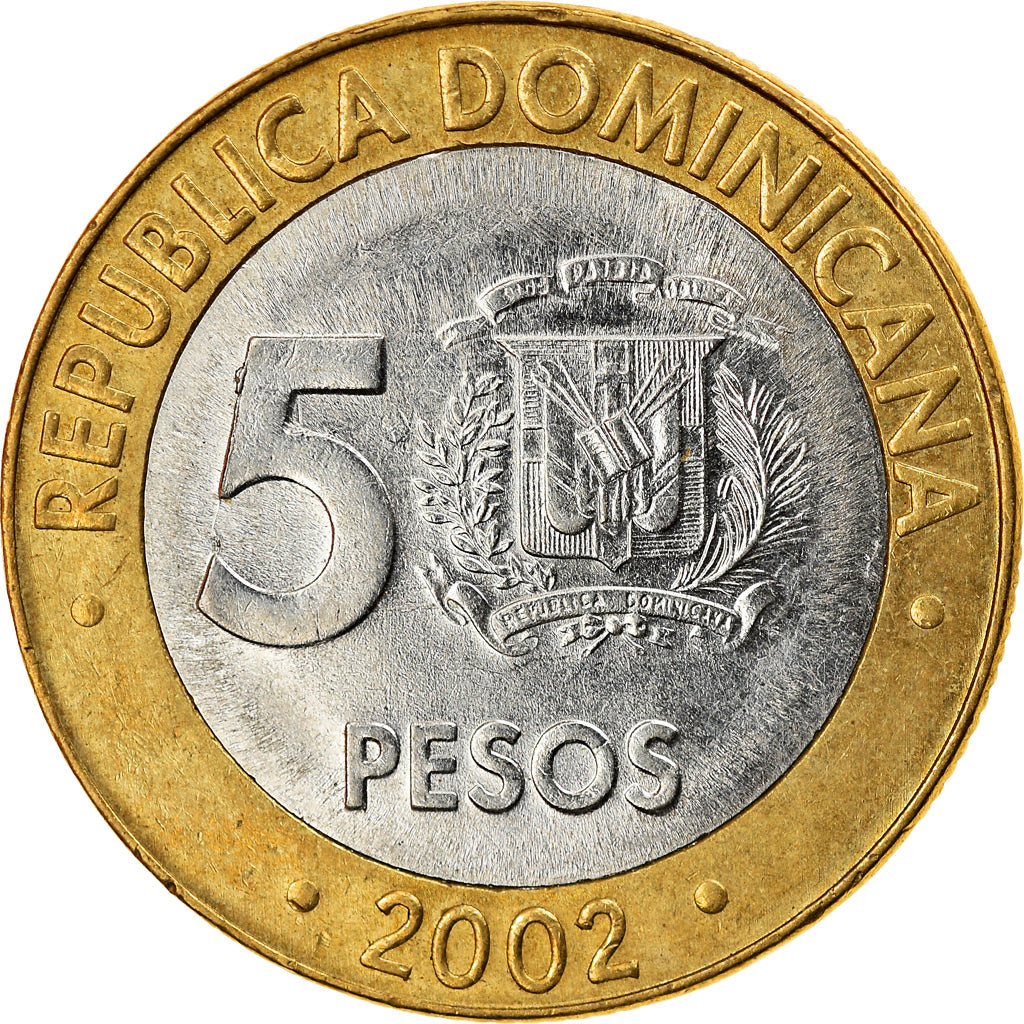 Moeda, República Dominicana, 5 Pesos, 2002, AU(55-58), Bimetálico, KM:89