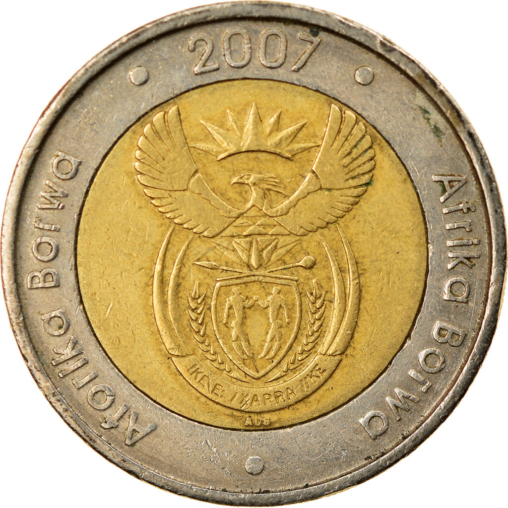 Moeda, África do Sul, 5 Rand, 2007, Pretoria, EF(40-45), Bimetálico, KM:346