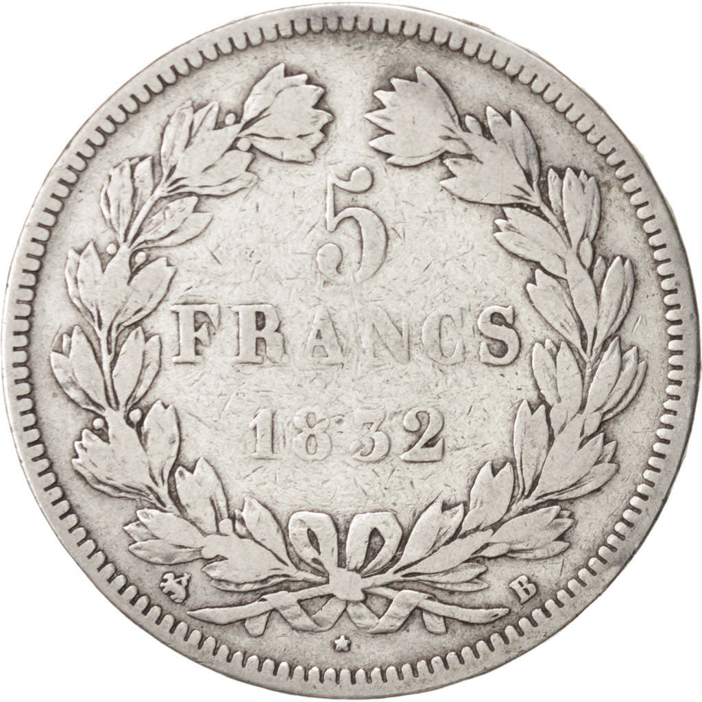 Moneta, Francia, Louis-Philippe, 5 Francs, 1832, Rouen, MB, Argento, KM:749.2
