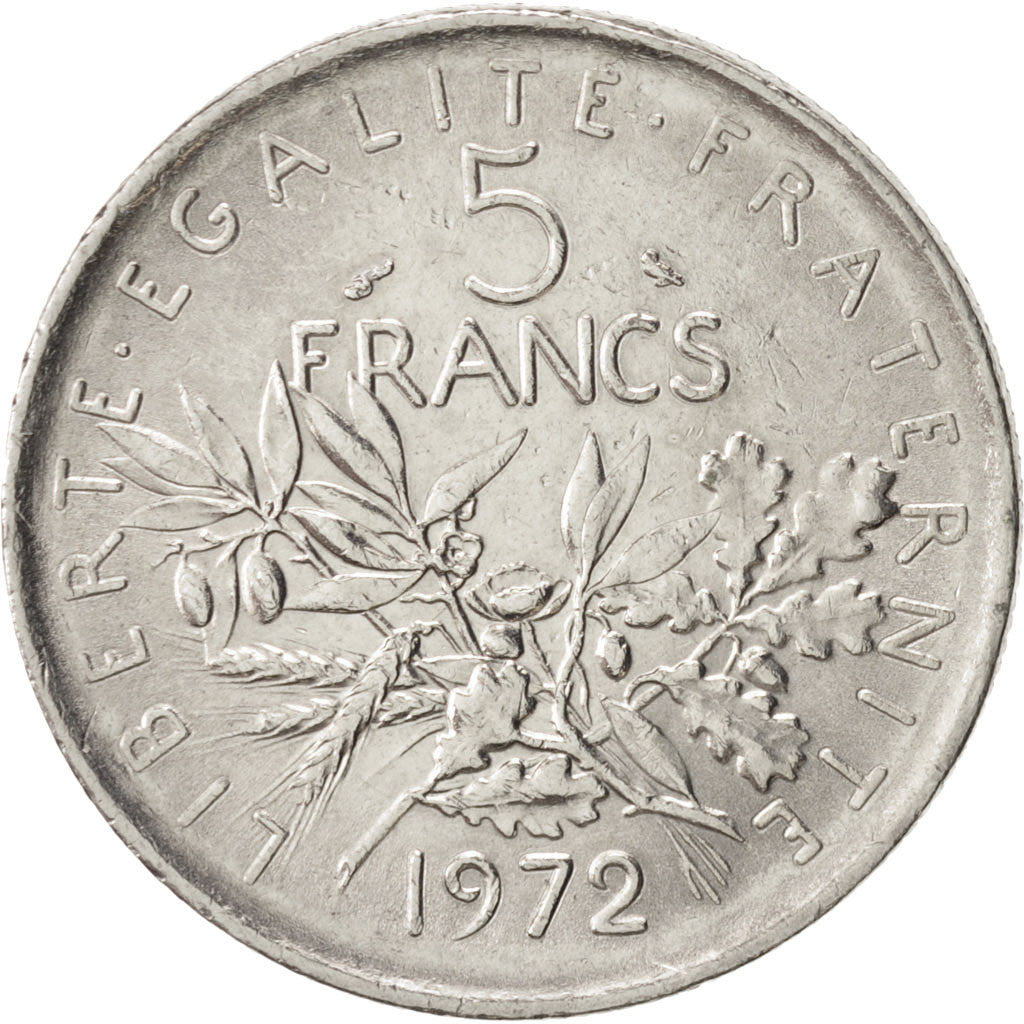 France, Semeuse, 5 Francs, 1972, Paris, AU(55-58), Nickel Clad Copper-Nickel,...