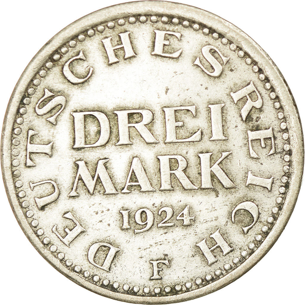 Moneda, ALEMANIA - REPÚBLICA DE WEIMAR, 3 Mark, 1924, Stuttgart, MBC, Plata