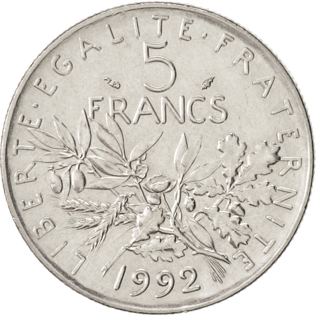 France, Semeuse, 5 Francs, 1992, Paris, MS(63), Nickel Clad Copper-Nickel, KM...