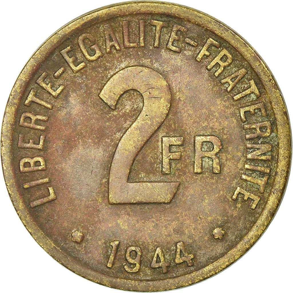 Moeda, França, France Libre, 2 Francs, 1944, Philadelphia, VF(30-35), Latão