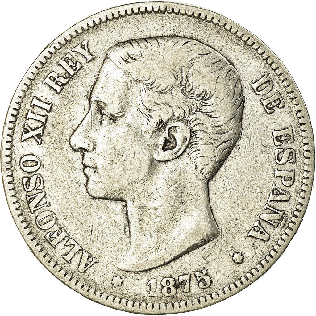 Moneda, España, Alfonso XII, 5 Pesetas, 1875, BC+, Plata, KM:671